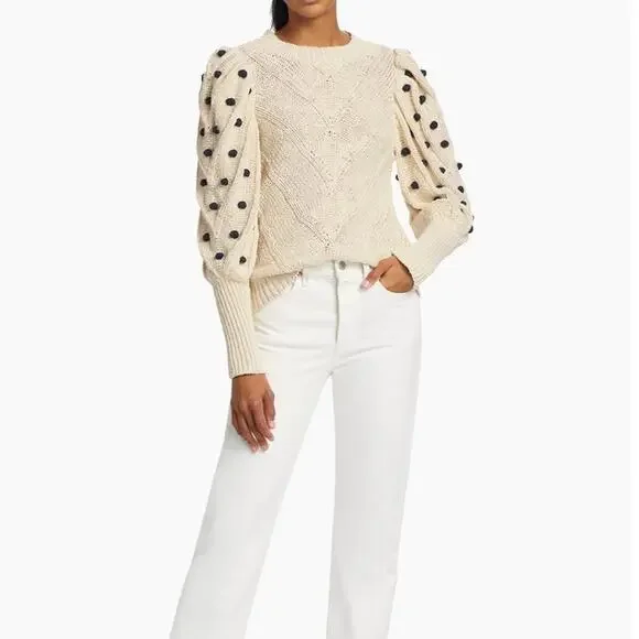 MARIE OLIVER Bridget Knit Bauble Detail Gathered Sleeves 100% Cotton Sweater S - Picture 4 of 14